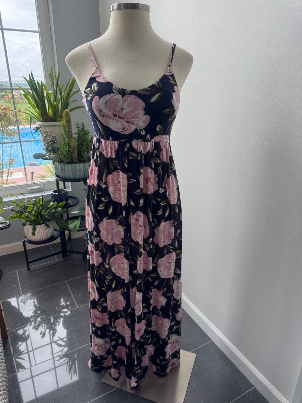 Lascana Women’s Black Maxi Dress with Pink Floral Print